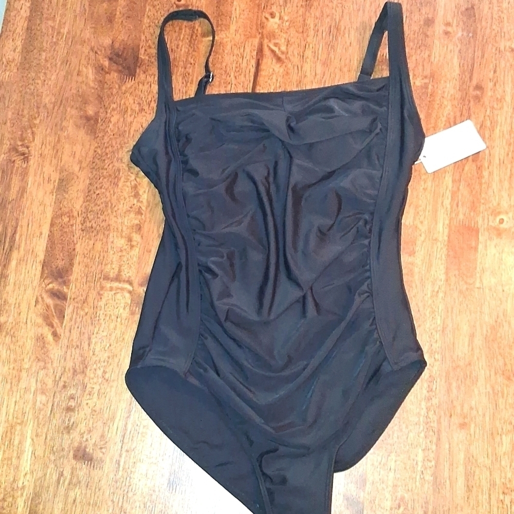 NWT Size 12 Miss Adola One Piece Black Ruched Swimsuit Adjustable Straps Padded